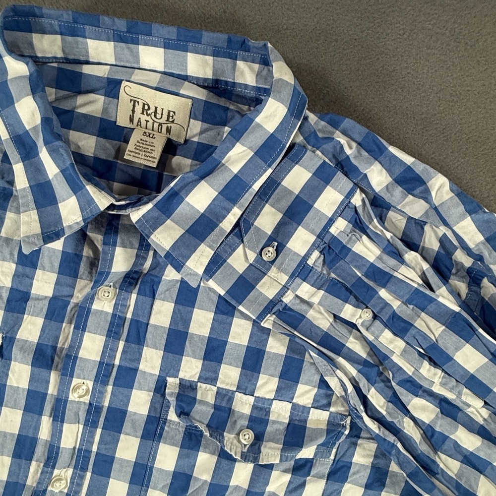 TRUE NATION Men's 5XL Blue White Gingham Plaid Long Sleeve Button Down Shirt